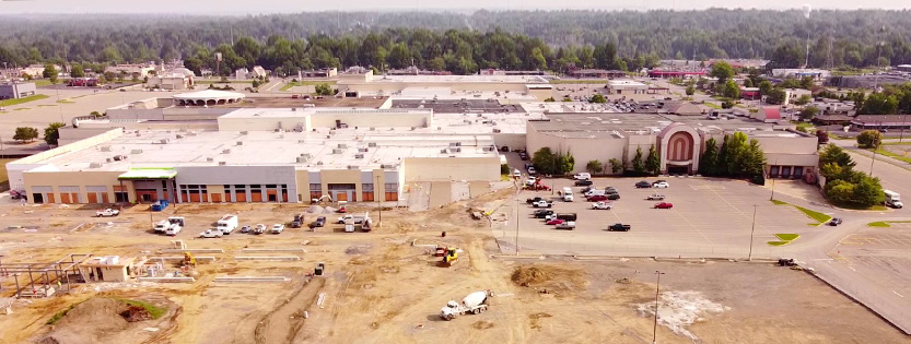 Overhead view of active construction site work to redevelop Southern Park Mall.